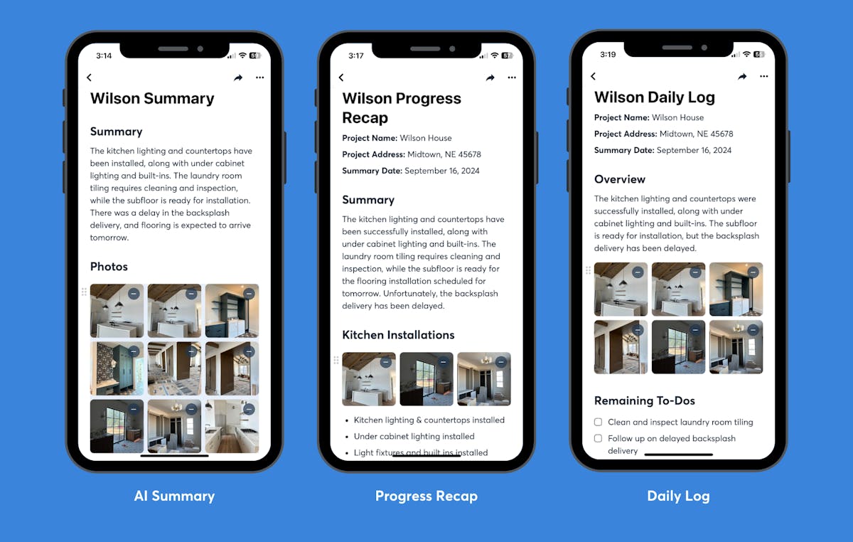 Comparison chart of CompanyCam AI tools showing different ways to generate reports, daily logs, and progress updates from jobsite photos and voice notes.