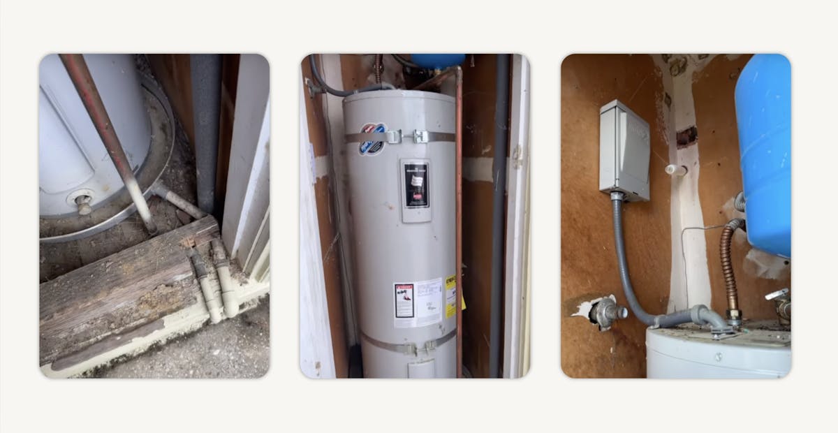 Photos showing the installation area of a 50-gallon electric water heater, including old pipes, the installed water heater unit, and manual disconnect box inside a utility closet.