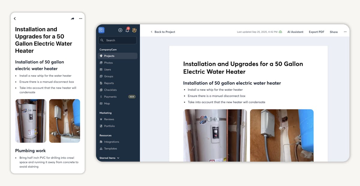 CompanyCam project interface displaying installation details for a 50-gallon electric water heater, with photos, bullet points, and project notes shown on both mobile and desktop screens.