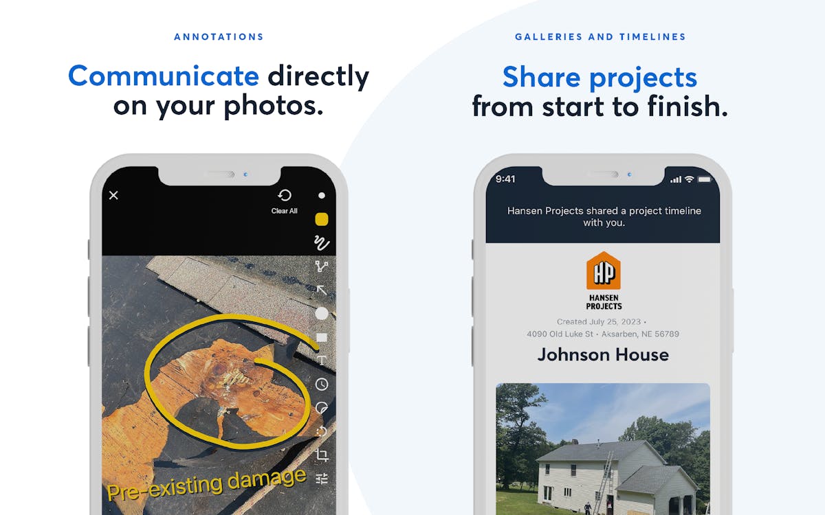 Two smartphone screens showing features of a team collaboration tool. One screen with photo annotation for marking issues like damage, and the other screen displaying a shared project timeline for client updates and team tracking.