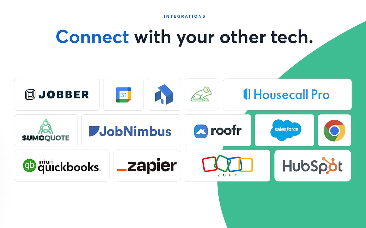 Grid of software logos showing CompanyCam integrations with tools like Jobber, Google Calendar, JobNimbus, QuickBooks, and Zapier