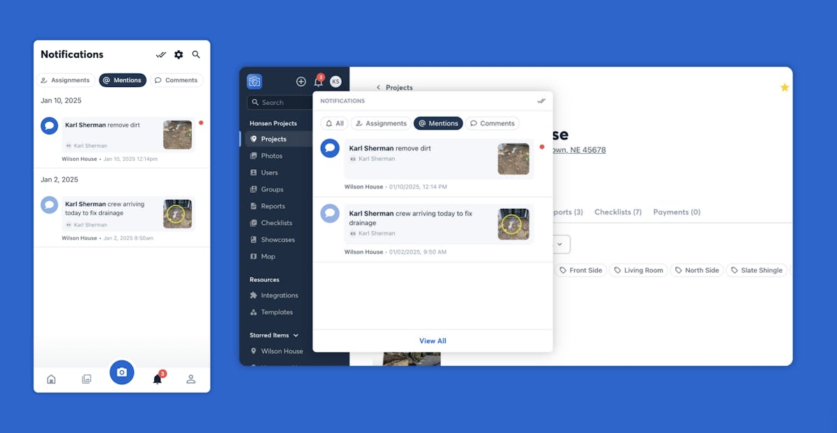 comments and mentions on companycam mobile and desktop