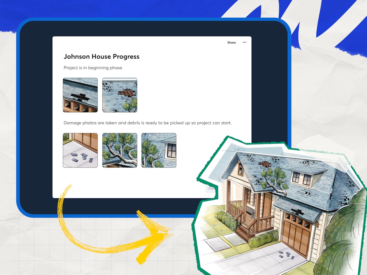 Construction app displays project progress photos beside illustrated home restoration before-and-after visualization.