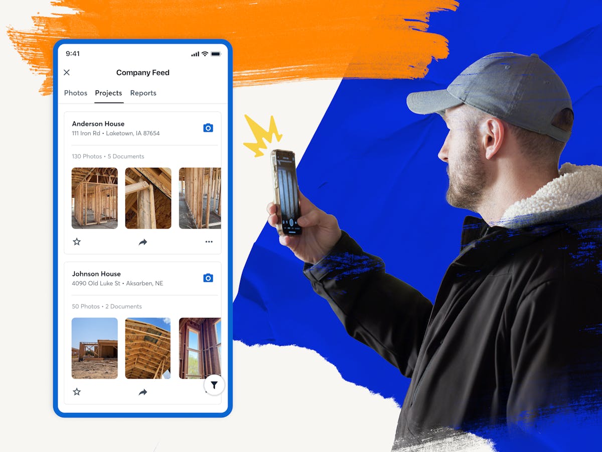 Contractor reviews project feed photos in mobile app on active residential job site.