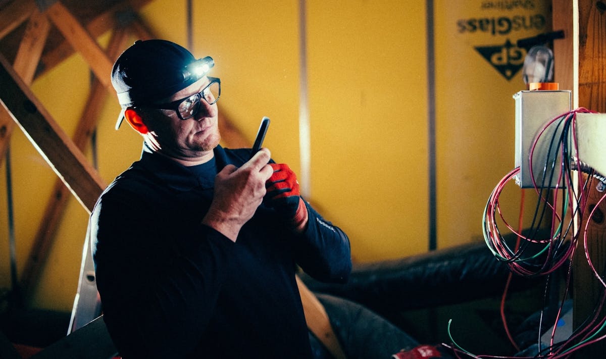 Electrician uses a phone to capture photos while inspecting electrical wiring.
