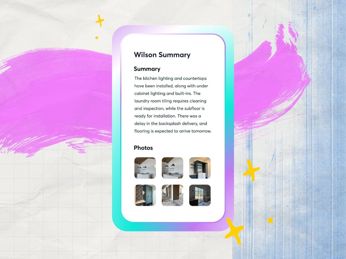 mobile project summary screen showing a progress update with photos of a kitchen and home renovation project