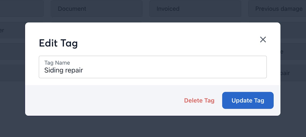 Screenshot of an edit tag window showing “Siding repair” with options to delete or update.