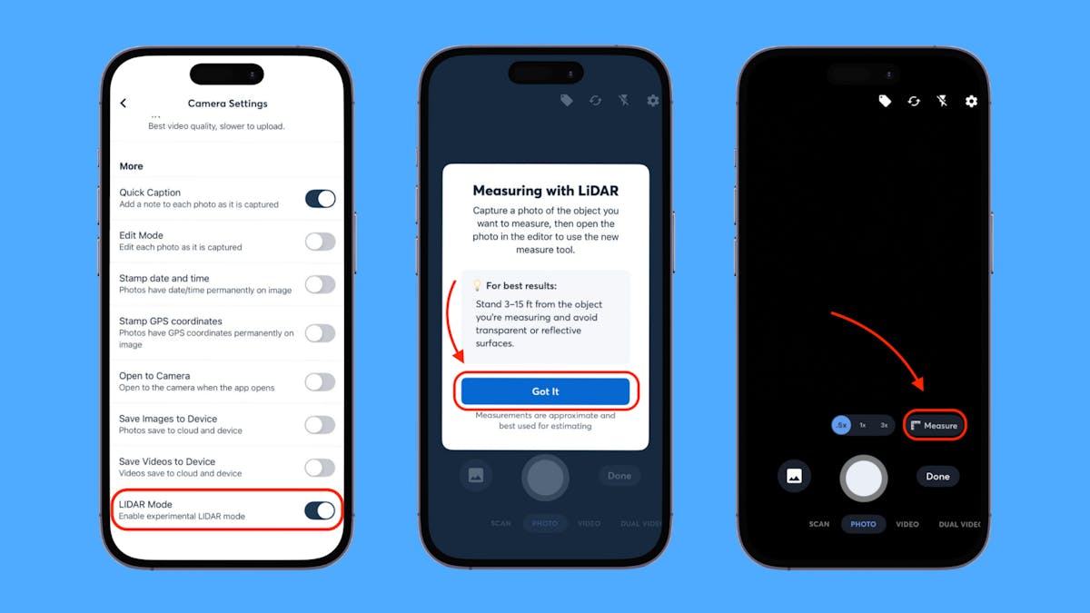 Three smartphone screens showing how to enable LiDAR Mode in CompanyCam, capture photos, and start measuring objects on job sites.