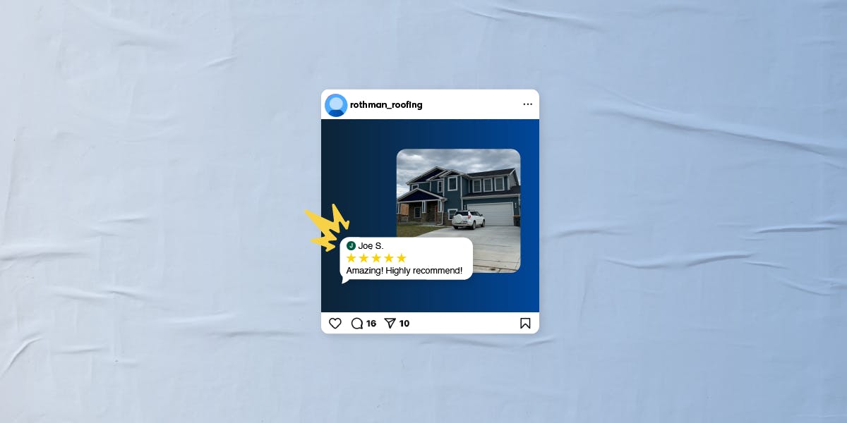 roofing company Instagram post featuring a customer review with a 5-star rating and a photo of a completed residential roofing project