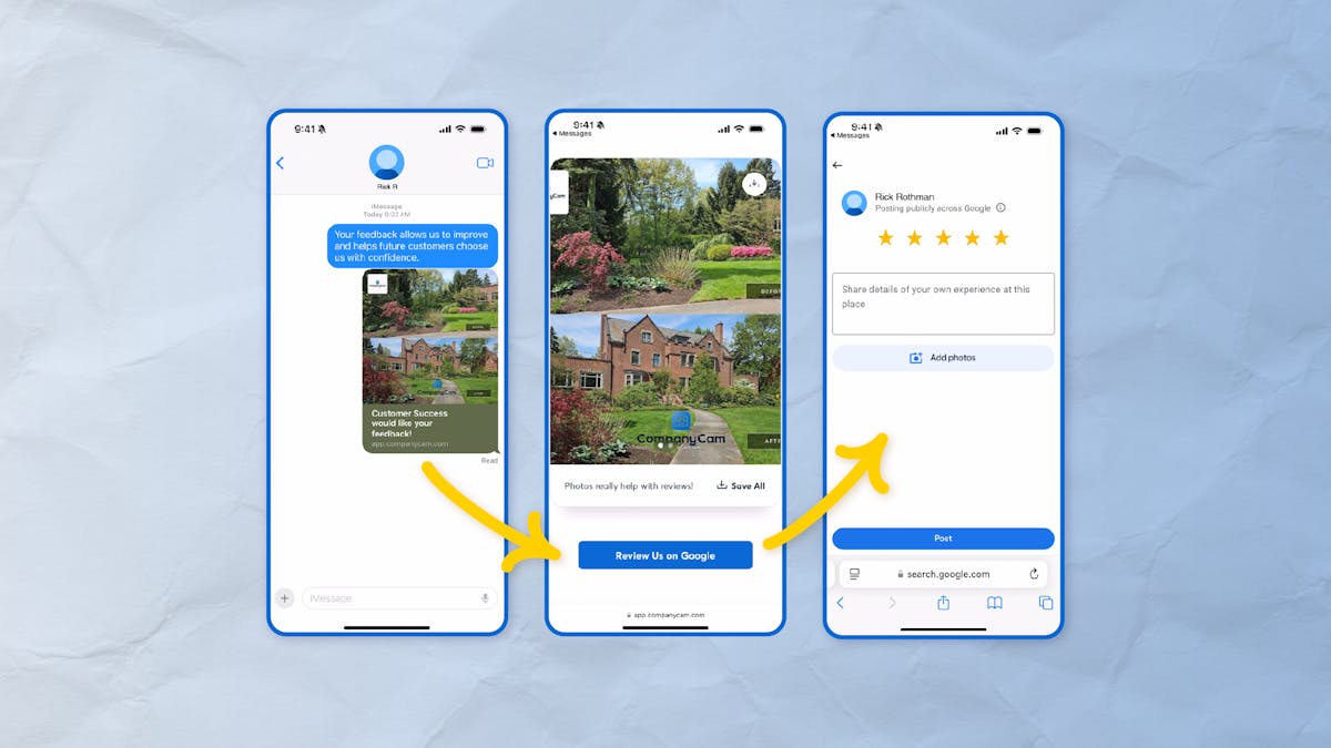customer receives text with project photos and link to leave a google review showing how a customer receives a review request, views a before-and-after project photo, and submits a Google review with text and images