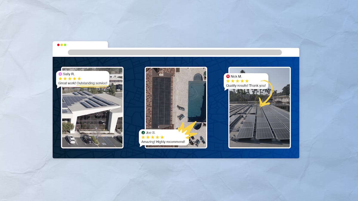 solar panel installation reviews from three happy customers displayed with rooftop project photos
