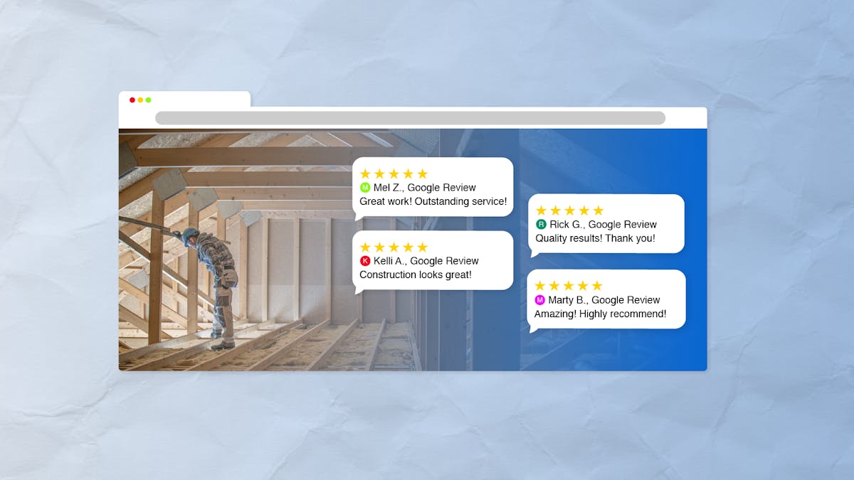 construction worker on site with website reviews and customer feedback displayed on the right side of the screen