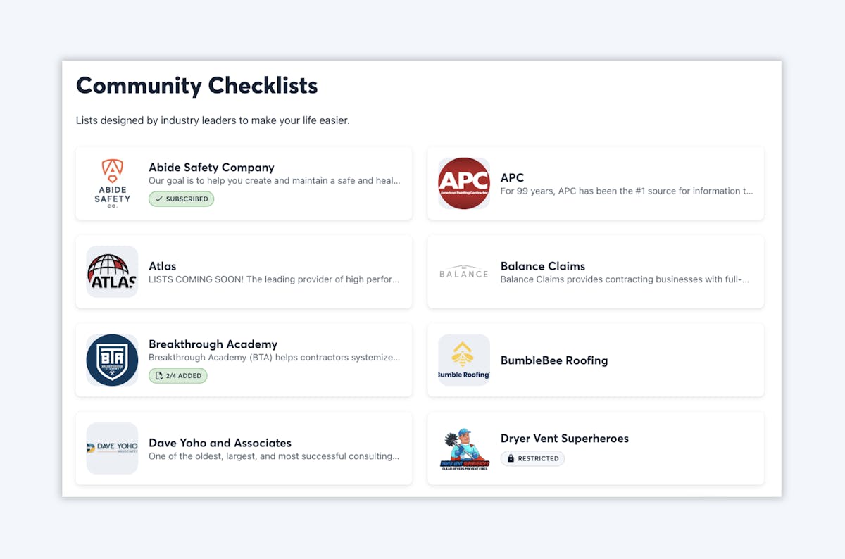 premade checklists by industry