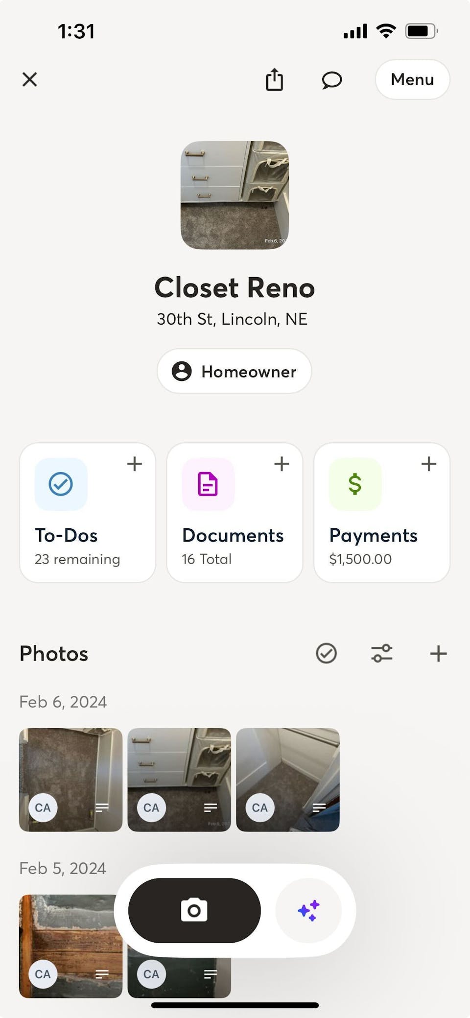 Remodel project screen