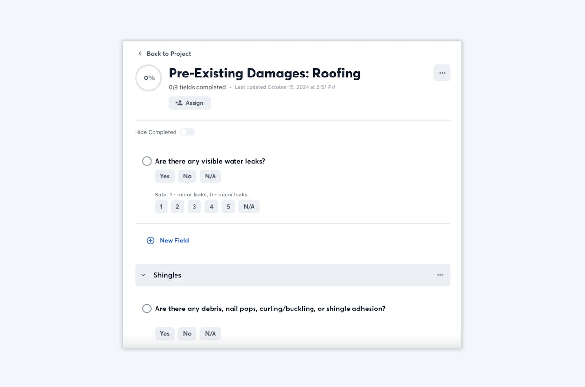 Roofing inspection form documents pre-existing damage with checklist fields and photo upload sections.