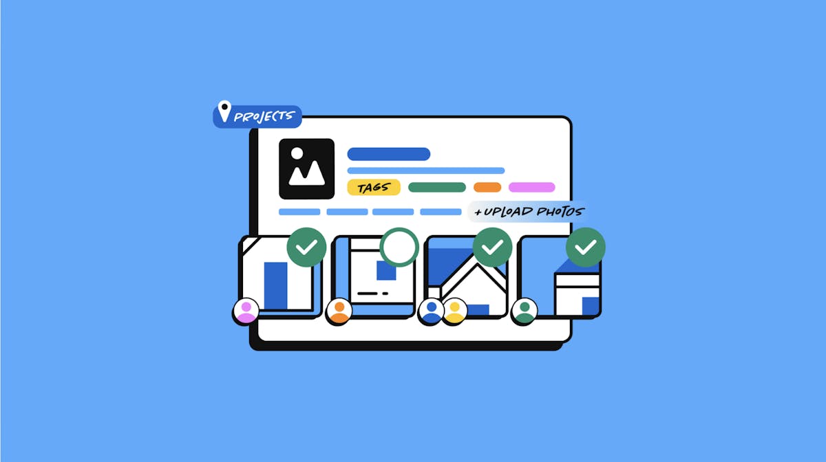 llustration of a digital project dashboard with sections for projects, tags, and photo uploads, shown with checkmarks and icons on a blue background.