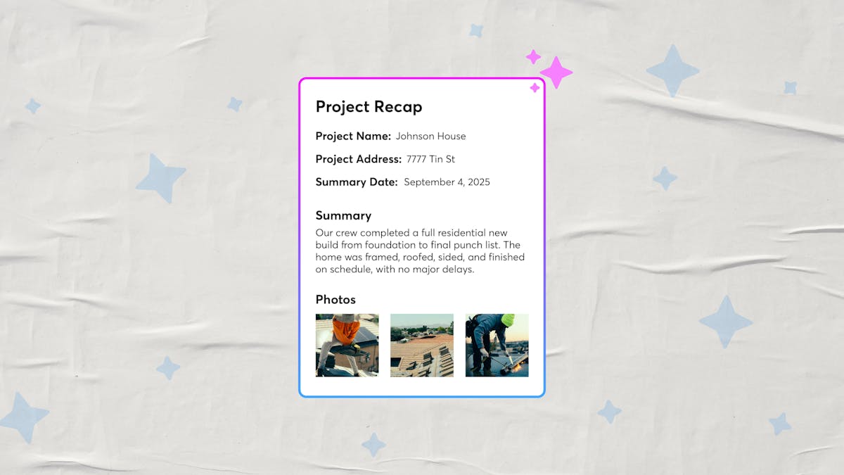 AI project recap tool creating job summary from roofing photos and job notes